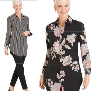 Chico's Reversible Long Sleeve Black Stripe Floral Button Up Blouse.